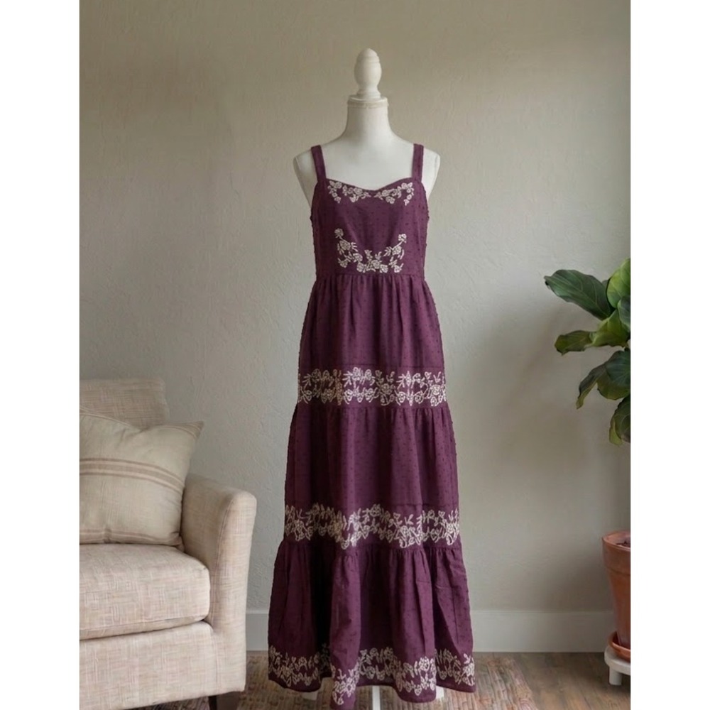 Embroidered Maxi Dress M Purple Swiss Dot Tiered Floral Cotton Peasant Ethereal